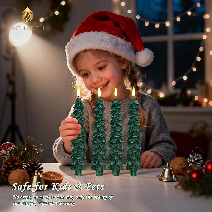 Christmas Tree Candles with Remote, 4 Pack Green Flameless Taper Candles Battery Operated, Real Wax 9.6 Inch Flickering Led Christmas Tree Candlesticks Decorations for Winter Home Holiday Xmas Gift