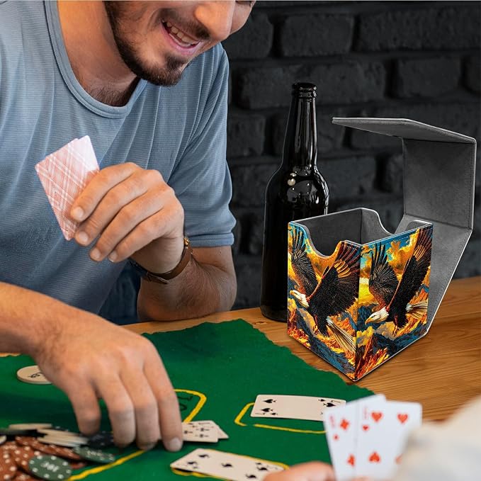 Deck Box for MTG, Cards Storage Box Fits 120+ Sleeved, Leather Medium Size Strong Magnetic Closing Card Case for Board Games Magic TCG CCG Baseball Collection, Mountain Eagle