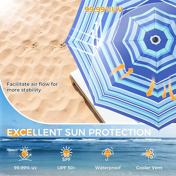 HOMEDEMO 8FT Large Beach Umbrella with Weight Bag & Sand Anchor, Outdoor Umbrellas with Adjustable Aluminum Pole and Table, Heavy Duty Windproof & UPF 50+