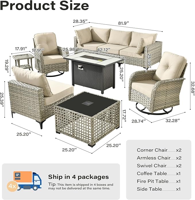 9 Pieces Outdoor Sectional Patio Furniture Set with 42" Fire Pit,Conversation Sets Rattan Wicker L Shaped Couch Swivel Rocking Chairs,Modular Outdoor Sofa for Porch Balcony Backyard Beige