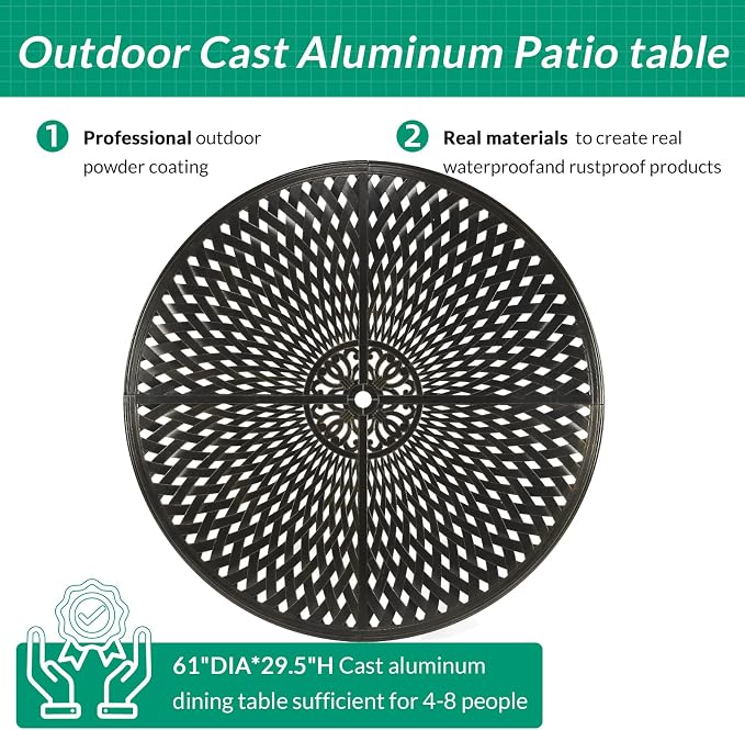 VIVIJASON Outdoor 61" Patio Dining Table for 6-8 Person, Patio Large Round Dining Table with Lazy Susan, All Weather Cast Aluminum Rustic Patio Table with 2" Umbrella Hole for Balcony, Porch and Deck