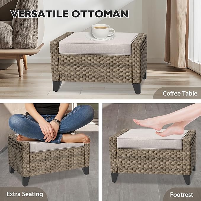 EAGLE PEAK Modern Wicker Outdoor Patio Furniture Set, Patio Conversation Set, a 3-Seat Loveseat and 2 Ottomans, 3 Pieces, Brown/Gray