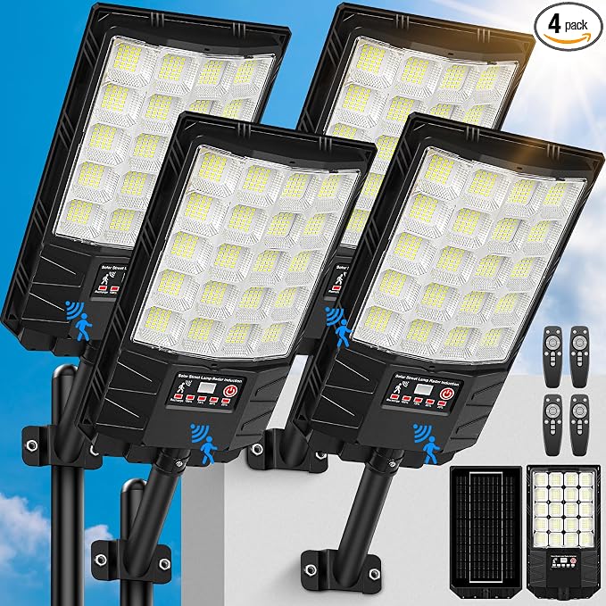 4-Pack Solar Street Lights, 24000LM 6500K Outdoor Waterproof LED Solar Flood Lights with Motion Sensor, Dusk to Dawn Solar-Powered Lighting for Outside, Security Lights for Driveway Parking Lot Yard