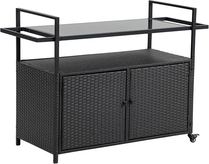 Outdoor Wicker Storage Deck Box and Rolling Bar Cart with Tempered Glass Top and Wheels for Patio, Porch, and Backyard, Weather-Resistant Rattan Serving Table, Black, 51 Inches