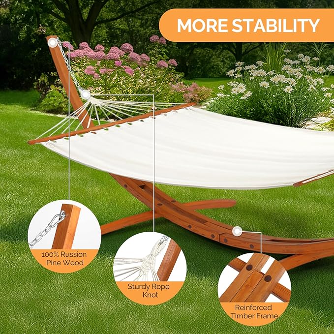 ONCLOUD Premium Double Hammock Set with Curved Hardwood Stand - 10.5ft Outdoor Relaxation System (400lb Capacity) (Teak, 14ft Set)