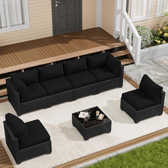 7 Piece Outdoor Patio Furniture Set, Rattan Chairs Glass Table Wicker Conversation Seating Sectional Sofa with Cushions (Black-Black, 7Pcs-Straight Back)