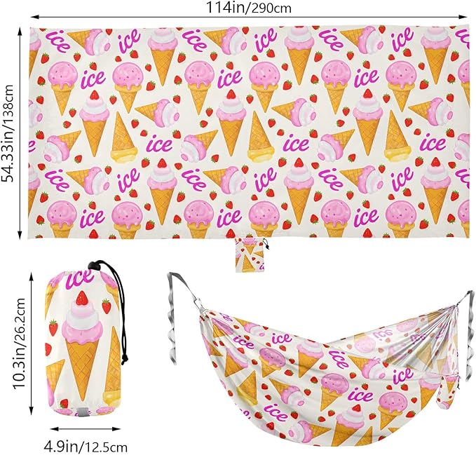 Camping Hammock Outdoor Hammocks for Outside Ice Cream Cone Strawberry Beach Trees Portable Lightweight with Pockets Tree Straps Indoor Small