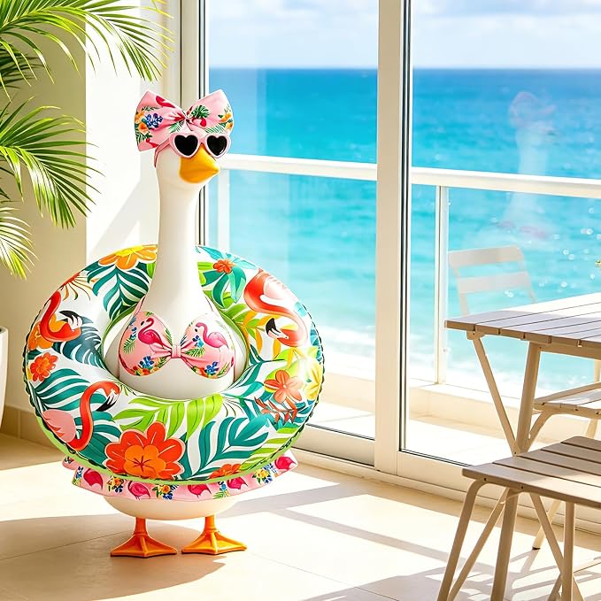 23 in Porch Goose Summer Outfit Bikini, Hawaiian Porch Goose Swimsuit Clothes Costume Accessories with Bow Glasses Swim Ring for 23" Summer Goose Garden Patio Statue Decor (Flamingos)