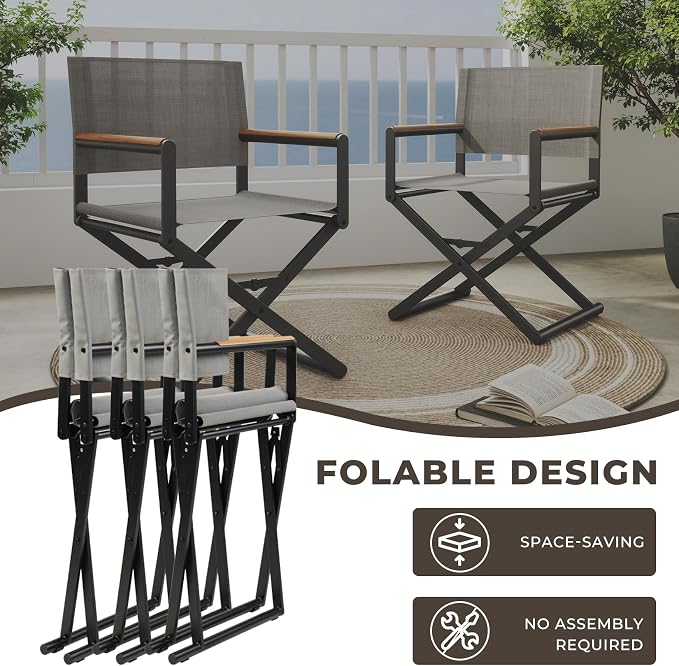 Grand patio 9-Piece Outdoor Dining Set, 8 Extra-Wide Folding Chairs & 1 Rectangle Expandable Table for 6-8 Person, Sling Mesh Patio Chairs with Wood Grain Table for Yard, Poolside, Deck, Gray