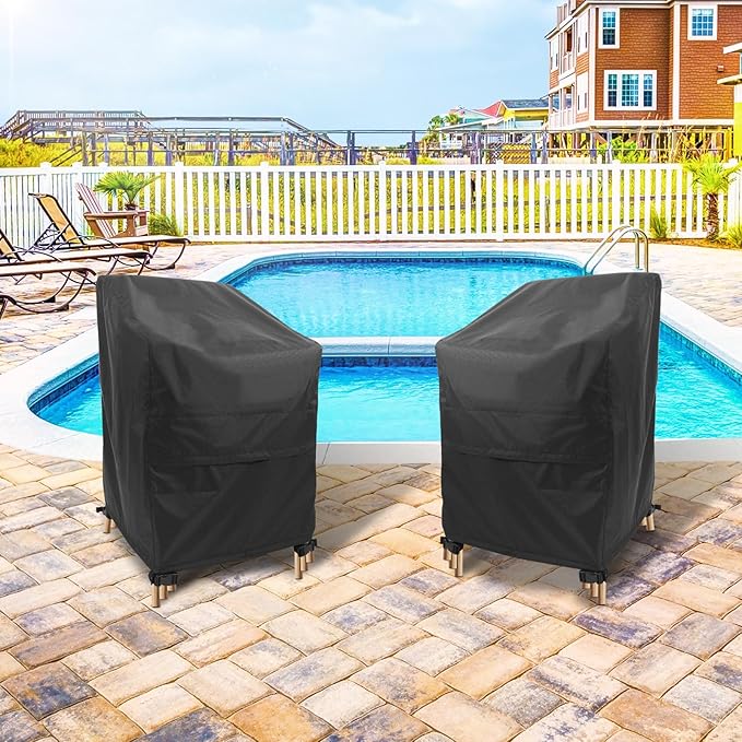 Stackable Chair Covers Outdoor Waterproof - 2 Pack Patio Chair Covers (25W x 25D x 47H inches, Black) Patio Furniture Covers with nonfading fabric fits for 4-6 Stacking Chairs