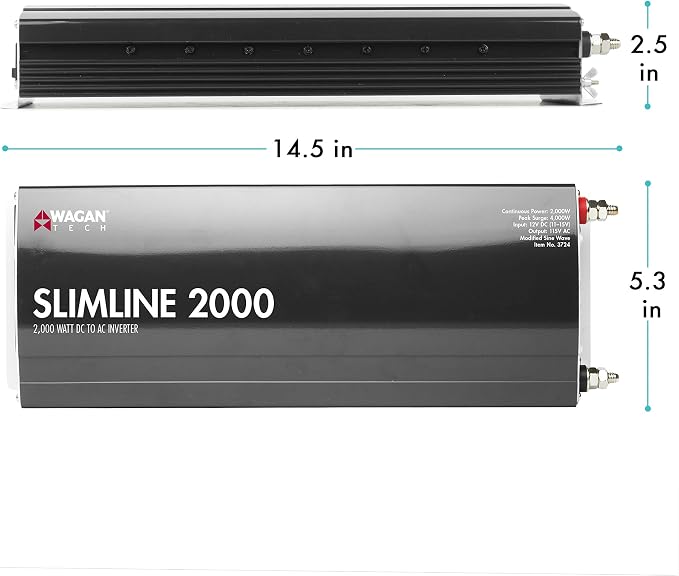Wagan EL3724 2000W Slim Line AC to DC Power Inverter 2000W TrueRated Continuous 4500W Surge Power DC 12V to AC 110V Power Inverter with 3 AC Outlets and 2A USB Charging Port