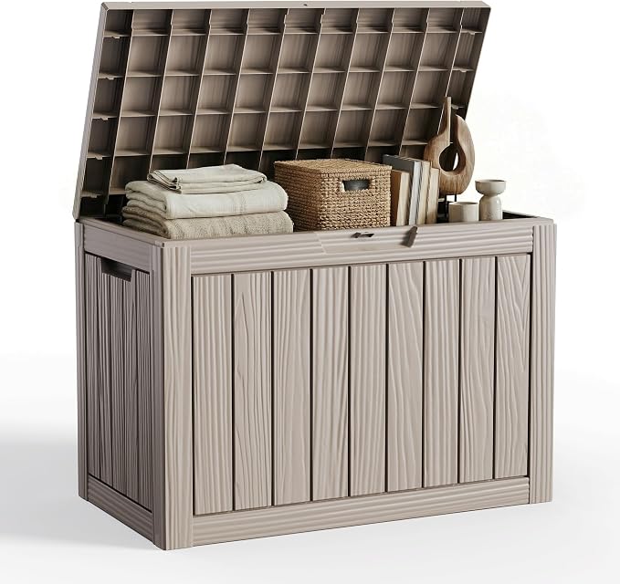 Vixzen 55 Gallon Deck Boxes Outdoor Waterproof, Lockable Resin Storage Box with lid for Furniture Cushions, Weatherproof Containers Outside Storage Boxes for Garden Patio Pool Tools(Grey, 50 Gallon)