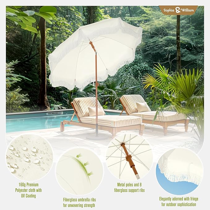 Sophia & William 7ft Outdoor Beach Umbrellas with Fringe, Portable Tilt Umbrellas for Sand, Patio, Lawn, Garden, Pool, Outing, Balcony