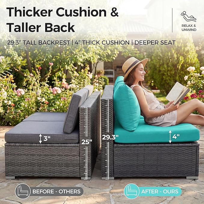 NICESOUL Extra-Large 9 Pcs Outdoor Patio Furniture Set with Fire Pit Table Natural Gas/Propane, 29.3'' High Back Deep Wide Modular Sofa Conversations with Fireplaces, 2 Color Cushion Teal Blue & Grey
