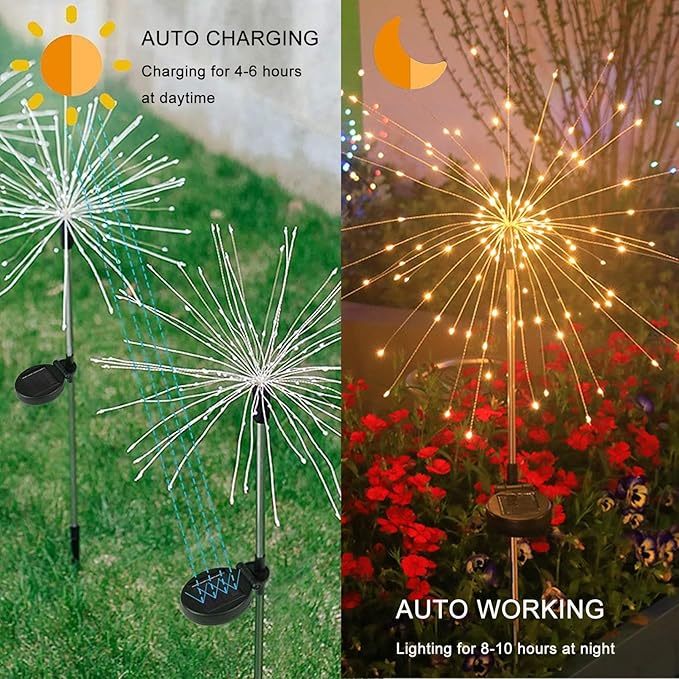 Solar Garden Firework Lights Outdoor Waterproof, 2 Pack 150 LED 8 Lighting Modes Sparklers Solar Twinkling Starburst Lights for Yard Flowerbed Pathway Fence Decorations, Warm White, Copper Wire