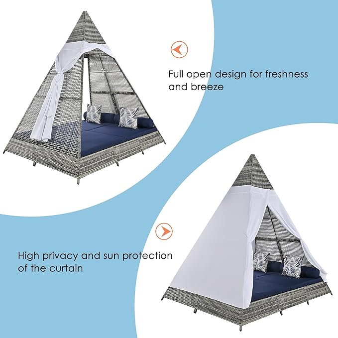 90.5" Outdoor Sunbed with Tent, Rattan Wicker Patio Daybed with Cushions and Colorful Pillows, Tent Shape Daybed, Patio Sunbed for Garden Patio Outdoor Poolside, Gray and Blue