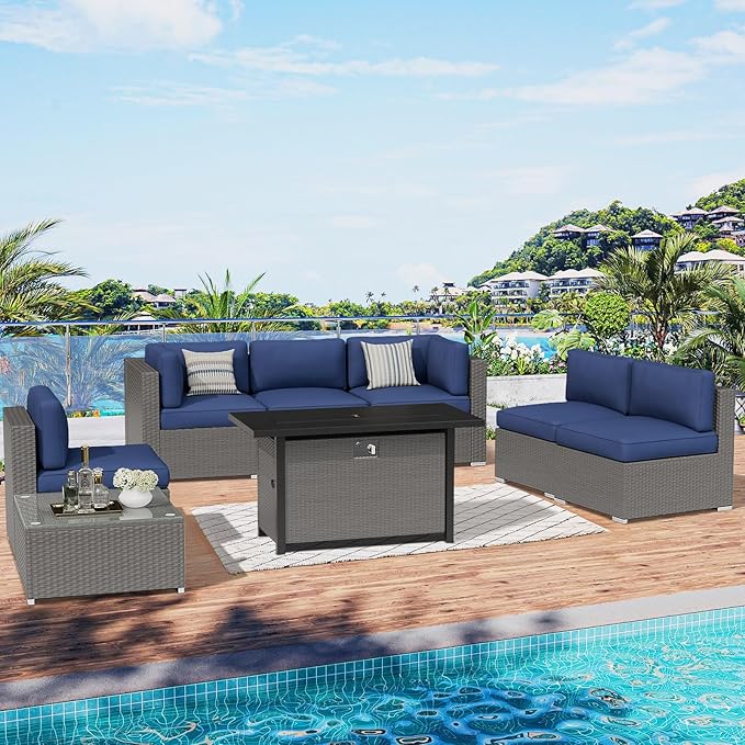 SUNCROWN Outdoor Patio Furniture Set 7 Piece Outdoor Sectional Sofa Grey Wicker Conversation Sofa Set with Coffee Table, Cushions and Fire Pit Table (Dark Blue)