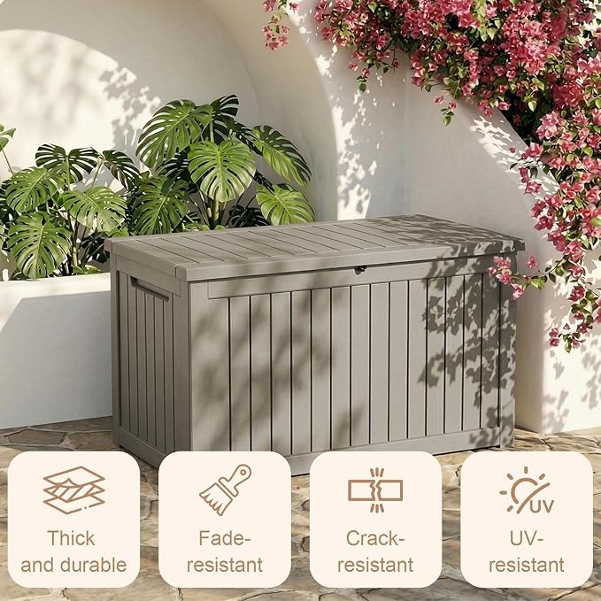 280 Gallon Outdoor Storage Deck Box Waterproof Resin Lockable Outside Bench Porch Patio Furniture Pool Float Garden Tool Cushion UV Resistant Bin Beige