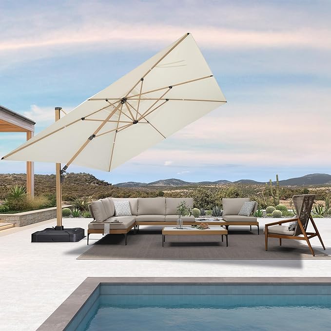 PURPLE LEAF 12FT Patio Umbrella With Base Square Cantilever Umbrella Teak Finished Aluminum Frame Large Windproof Offset Outdoor Sun Umbrellas for Beach Pool Deck, Cream