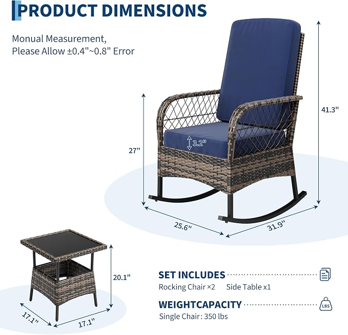 GarveeLife 3 Piece Outdoor Wicker Rocking Chair Set, Hollow Rattan Rocker Chairs with Side Table, Brown Gradient Wicker with Blue Cushions for Balcony, Patio, Garden