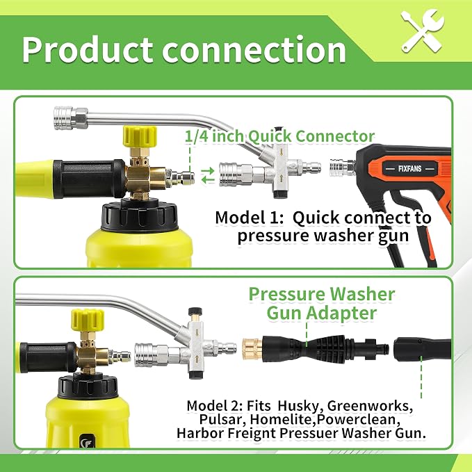 FIXFANS Foam Cannon Dual Connector Accessory for Pressure Washer, Double Tip Attachment Soap Cannon, Replacement Adapter for Portland Husky and Ryobi Power Washer, 1/4" Quick Connect, 5 Nozzles, 1L