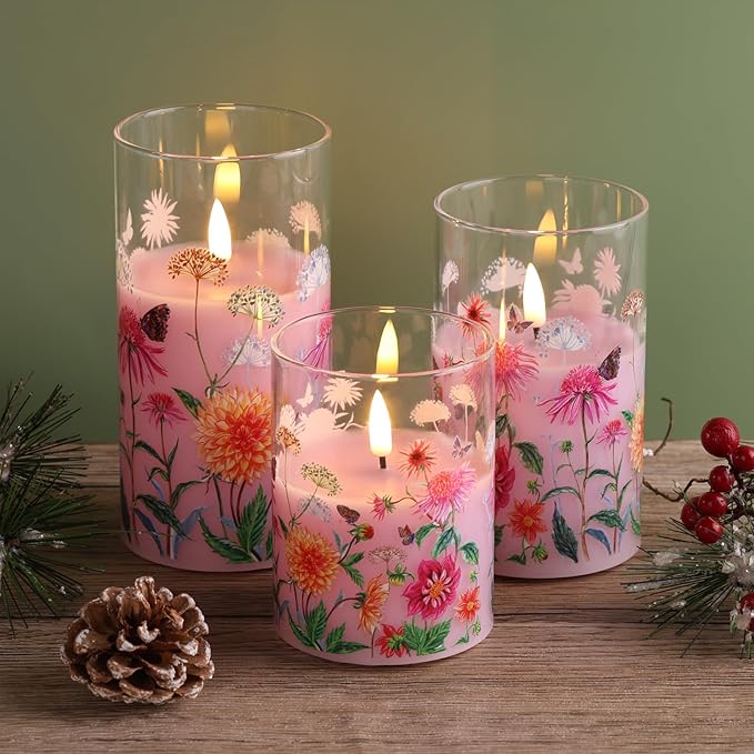 Pink Floral Glass Flameless Pillar Candles with Remote, Flickering Spring LED Battery Candles Home Decor Set of 3