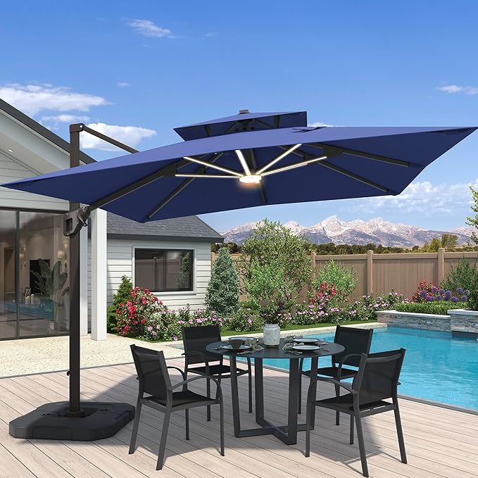 10x10 FT Cantilever Patio Umbrella with Base and Led Lights Double Top Outdoor Square Large Heavy Duty Aluminum Offset Umbrellas with 7 Level Tilt 360-degree Rotation for Pool Garden Deck, Navy