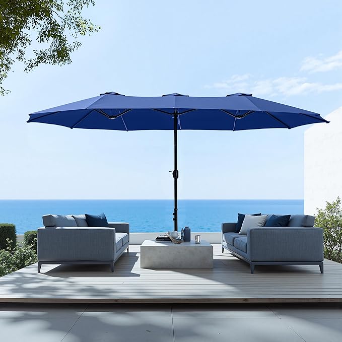 Sophia & William 15 ft Extra Large Patio Umbrella with Base Included, Rectangular Outdoor Umbrella Heavy Duty, Market Umbrella Double-sided Fade Resistant for Pool Garden Backyard, Haze Blue