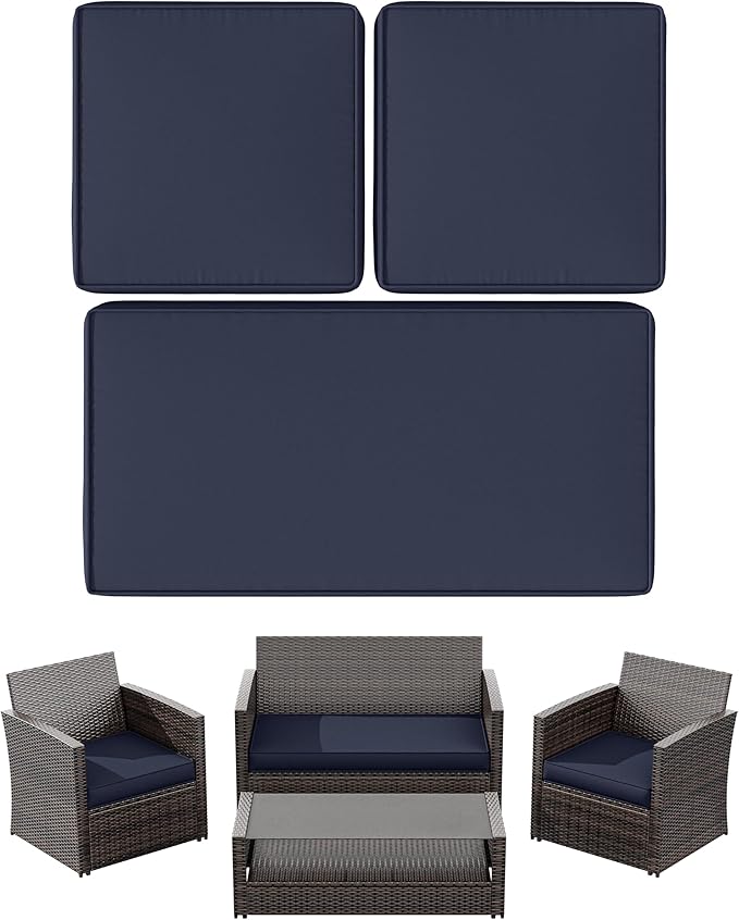 3 Pack Outdoor Patio Seat Cushions Replacement Covers Fit for 4 Pieces 4-Seater Wicker Rattan Patio Conversation Set Loveseat Chair Couch Furniture,36x18x2,18x18x2,Navy Blue-Cover Only