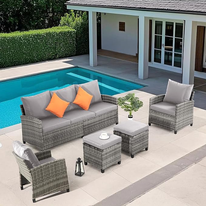 FHFO 5 Pieces Outdoor Patio Furniture Set, Wicker Sectional Sofa Patio Conversation Set Couch with Ottomans Rattan Chair and Table for Garden, Yard,Grey-Grey