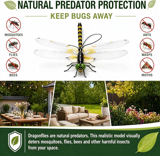 4PCS Dragon Fly Clips for Bugs Repellent - 3D Realistic Dragonfly Clips to Keep Bugs Away - Driving Away Mosquitoes, Bees & Flies - Fake Dragonflies for Indoor & Outdoor - Garden Decor, Patio, Hat
