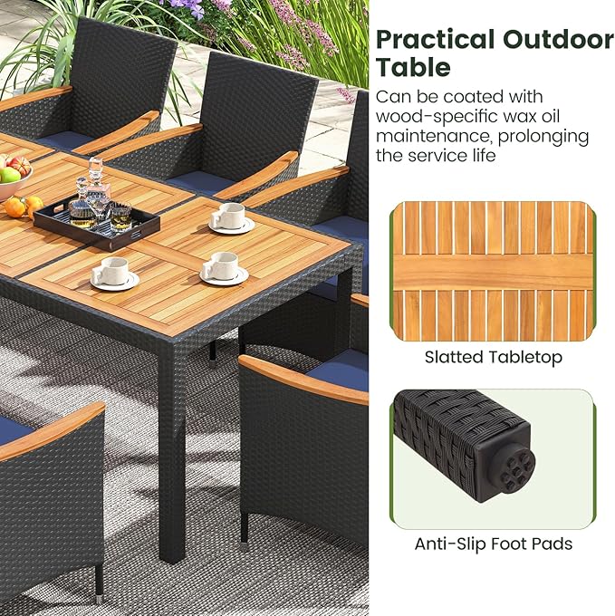 Tangkula 11 Pieces Patio Dining Set with Double-Sided Led Patio Umbrella (Base Included), with 8 Stackable Chairs, Acacia Wood Dining Table and Large Umbrella with Solar Lights (Turquoise + Navy)