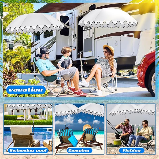 Abbylike 2 Pcs Scalloped Chair Umbrella with Universal Adjustable Clamp 38'' Portable Wheelchair Umbrella UPF 50+ Camping Chair Parasol with Bag for Outdoor Patio Lawn