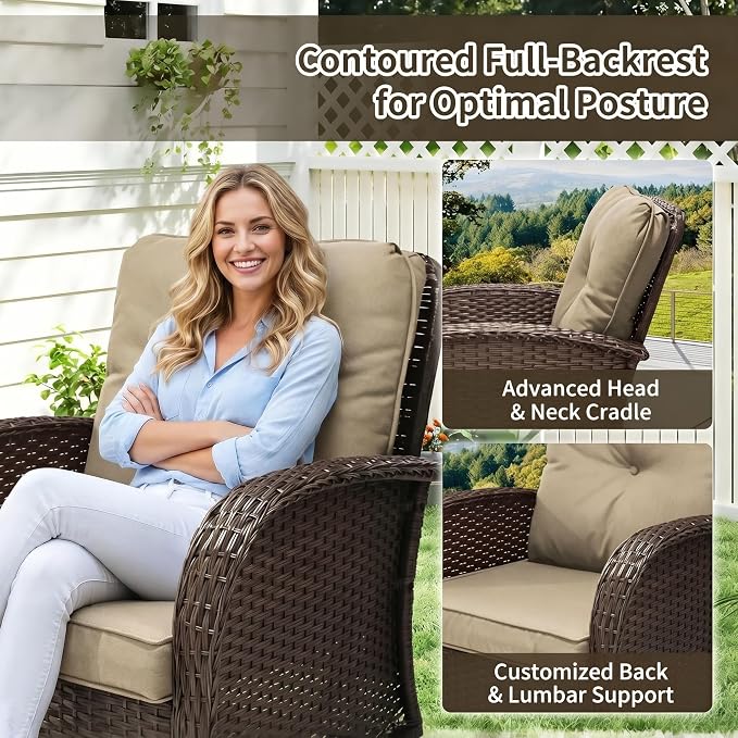 SHGJ&SOFT All Weather Patio Furniture Set, High Back Swivel Rocker Glider Chairs，Ottomans & Glass Tables, Outdoor Conversation Set for Deck Porch Yard Poolside (Brown, 3PCS-Swivle Chairs&Table)