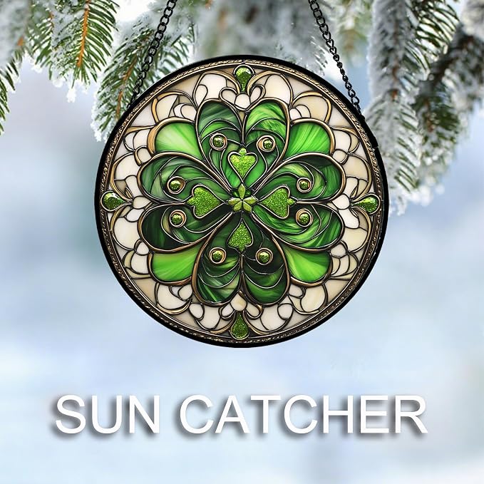 DASTOLL Stained Glass Window Hanging St. Ripak Festival Green Lucky Clover 7.8" - Suncatcher Door Garden Sun Catcher Ireland Decor Mother's Day for Mom Woman Her Men Sisters
