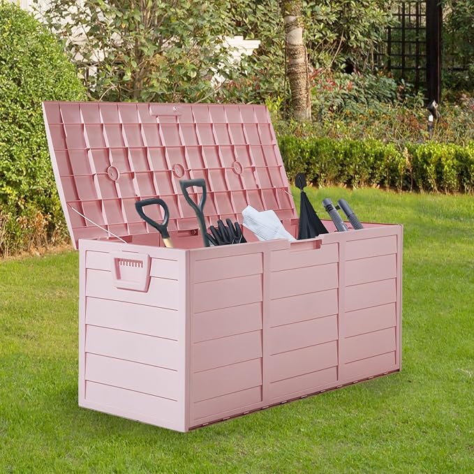 75 Gallon Outdoor Deck Box, Waterproof Storage Box with Wheels, Lockable Wheels, Patio Storage Box Storage, Resin Structure for Garden,Patio (Pink)