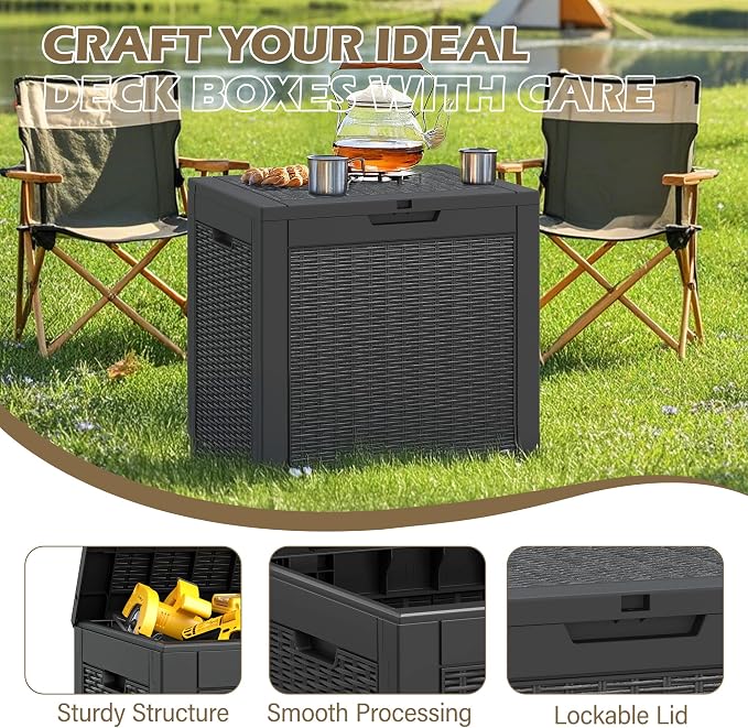 Outdoor Storage Box, 30 Gallon Deck Box with Lockable Lid, Waterproof Resin Storage Bin for Patio Furniture, Garden Tools, Cushions, Black