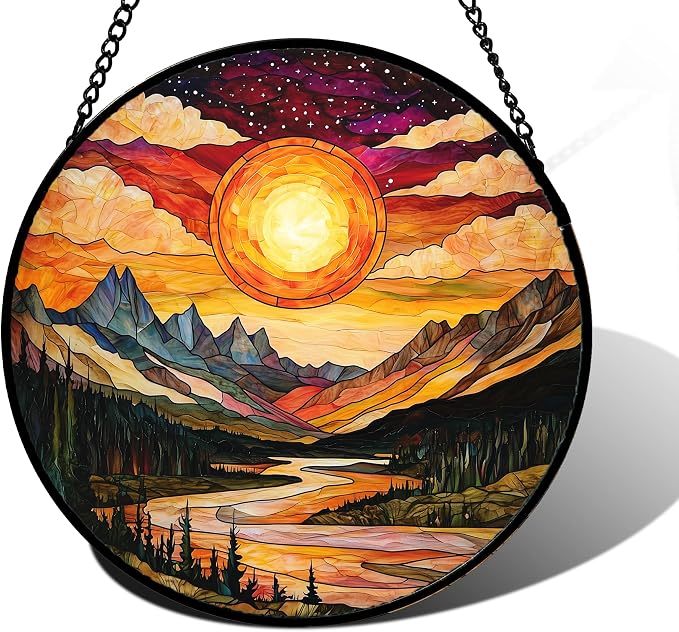 DASTOLL Stained Glass Window Hanging, Dusk Sunset Landscape Sun Catchers Glass Panel Lakes and Mountains Suncatcher Decor for Birthday for Women, Men, Wife, Aunt, and Mom 7.8 in