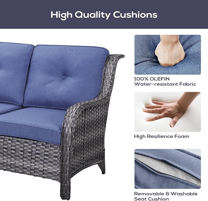 Belord Patio Furniture Set 6 Seats, Outdoor Swivel Rocker Patio Chairs, Oversized Outdoor Sectional Couch, Two 3-Seater Sofas with Coffee Table, Ideal for Porch, Deck, Gray Wicker/Blue