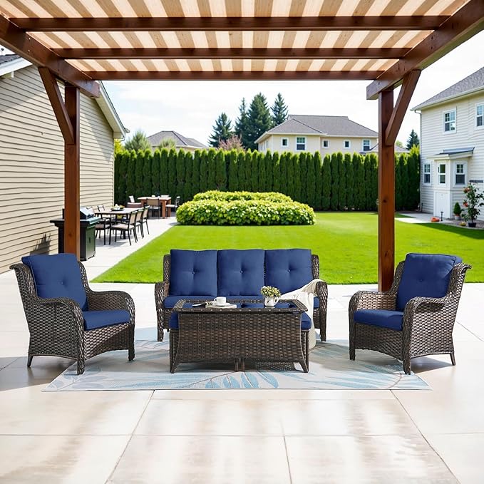 Belord Patio Wicker Sofa Set 6 Pieces Patio Furniture Set Outdoor Couch, 2 Patio Wicker Chairs with 1 Sofa, Coffee Table and Ottomans, Patio Conversation Set for Porch Garden Deck Balcony Poolside