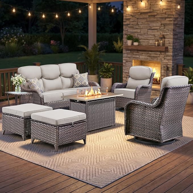 Luxury Swivel Rocker Chairs Fire Pit Set with 6" Thick Cushion 7 piece Wicker Outdoor Patio Chair with Sofa and Ottoman,Comfortable High Back Outdoor Patio Furniture Set - Brown | Beige