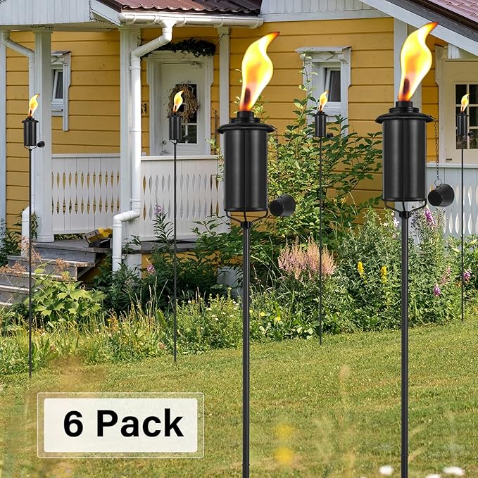 SNOGSWOG 6 Pack Garden Torches, 16 oz Metal Torch for Outside with 3-Prong Grounded Stake, Outdoor Decorative Citronella Torches, 59 inch Garden Décor Torches