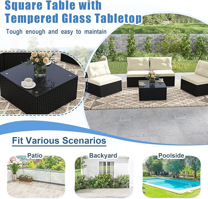 HAPPYGRILL 5 Pieces Patio Rattan Sofa Set, Outdoor Furniture Set with Seat & Back Cushions, Square Coffee Table with Tempered Glass Tabletop, Wicker Patio Conversation Set for Backyard, Poolside