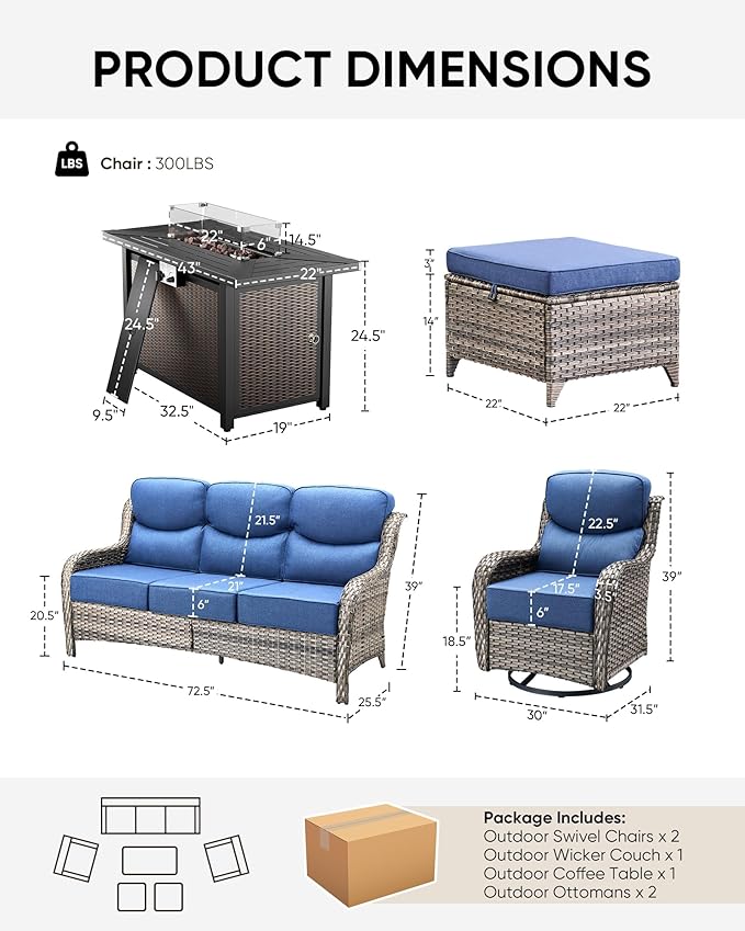 HUMMUH 10 Pieces Outdoor Furniture Set with Fire Pit 6-inch Cushions High Back Patio Furniture Set Wicker Swivel Rocker Chairs Sofa for Porch,Deck,Backyard