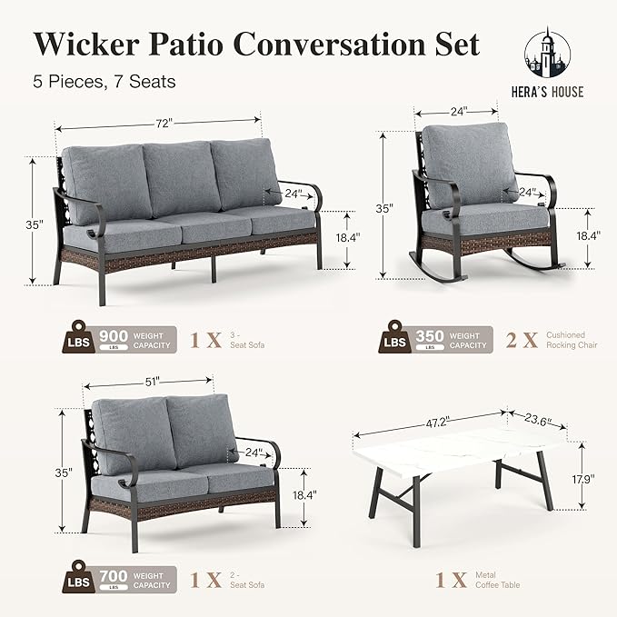 HERA'S HOUSE 5 Piece Metal Patio Furniture Set, 7 Seats All Weather Outdoor Conversation Set, 3 Seat Sofa with Loveseat, 2 Rocking Chairs, Coffee Table for Backyard, Garden, Deck, Grey