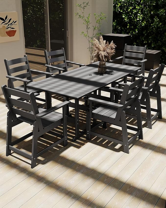 GREENVINES 7-Piece-Outdoor-Table-and-Chairs | HDPE | Patio Furniture | Dining Sets for 6 | Removable Armrests | All Weather | Connectable Tables | for Backyard Poolside Garden | Grey