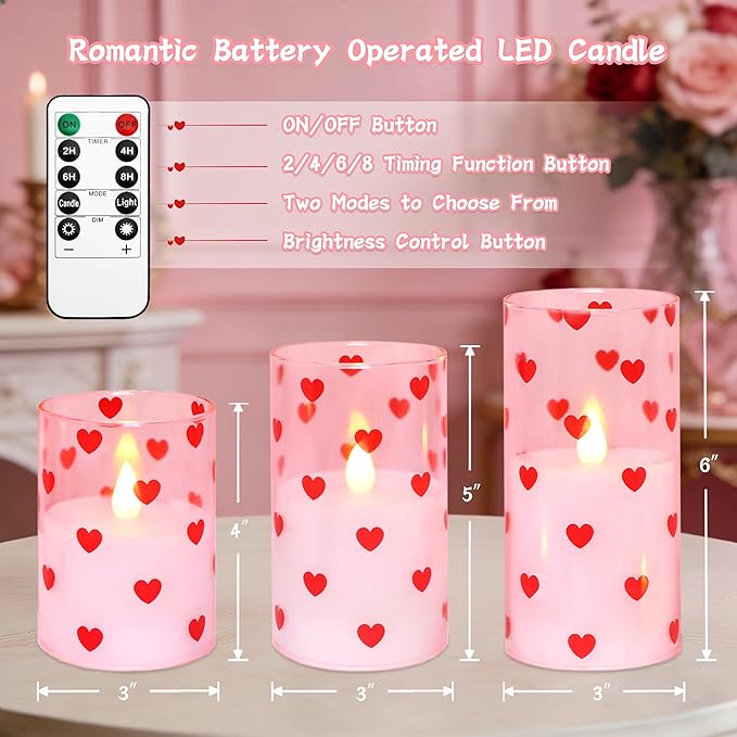 Silverstro Love Flameless Candles with Remote Timer, Glass Battery Operated Candles, Pink Spray-Painted Heart LED Candles for Home Party Wedding Valentine's Day Decor Set of 3