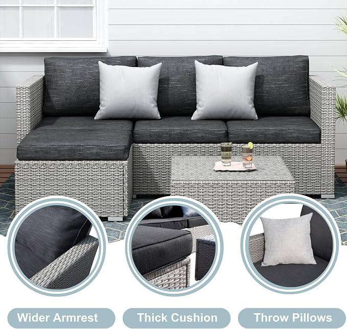 Suntone 3 Pieces Patio Furniture Sets Outdoor Sectional Patio Sofa All-Weather Grey Wicker Sofa Small Patio Conversation Set Patio Couch with Washable Black Cushion and Glass Table