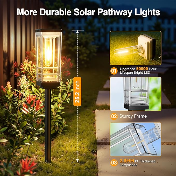 Ahaorigin 2 Pack Solar Lights Outdoor Pathway, Up to 15 Hrs Brighter LED Path Light Waterproof, Luxury Tall Solar Outdoor Light for Garden Yard Walkway Driveway Landscape, Warm White