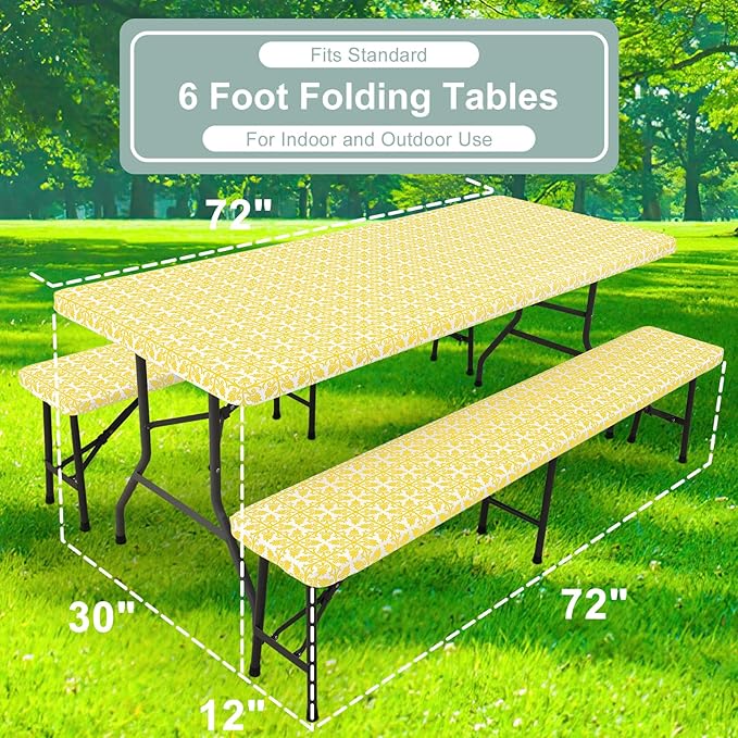 misaya Picnic Table Cover with Bench Cover, Waterproof Elastic Fitted Tablecloth for 6 Foot Tables, Rectangle Washable Polyester Tablecloths for Picnic, Camping, Outdoor (Yellow, 30" x 72")